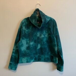 Old Navy Cropped Fleece Teal Tie-Dye Funnel Neck with Drawstring, Sz. L